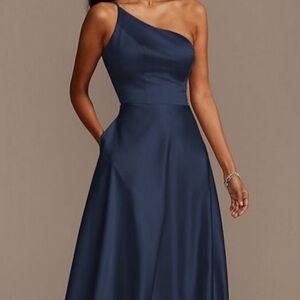 David's Bridal One Shoulder Navy Dress